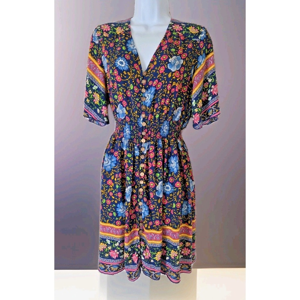 Bohemian Dress L Blue Floral Rayon Flutter Sleeves Button Front Elastic Waist
